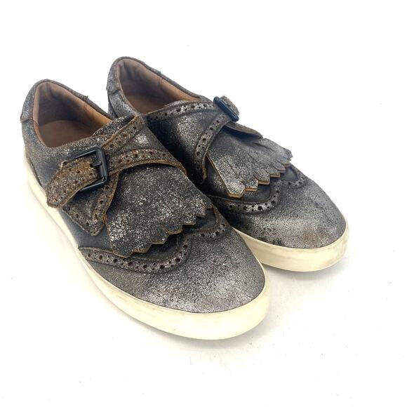 Frye Brea Kiltie Anthrocite Casual Sneaker Buckle Silver Brown